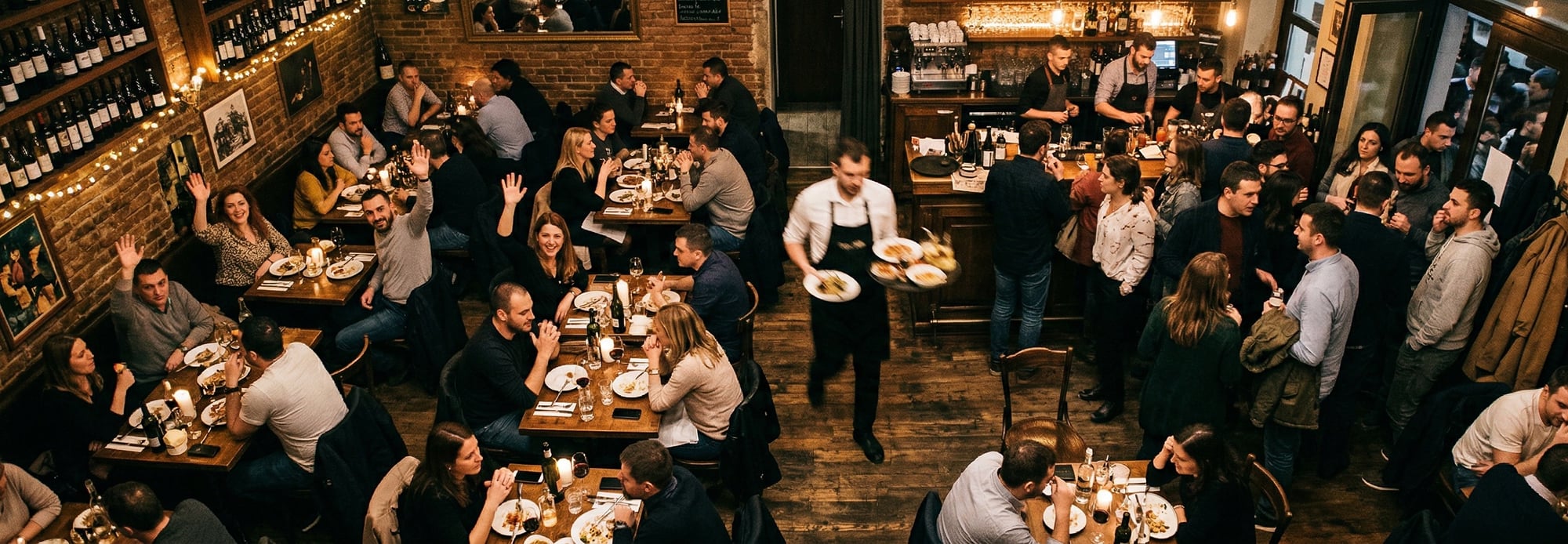 Prometni restoran - konobari u pokretu, gosti čekaju